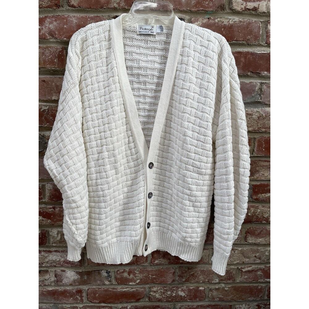 VTG 80's 90's Cardigan Sweater Medium Cream Basketweave Made In USA Vintage - Picture 12 of 12